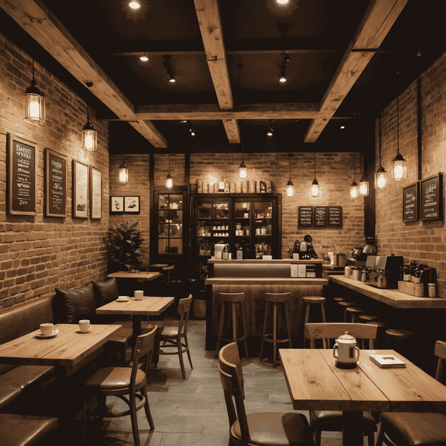 A warm and inviting interior of a ResumeSamurai coffee shop, with comfortable seating, soft lighting, and a rustic decor featuring wood and brick elements