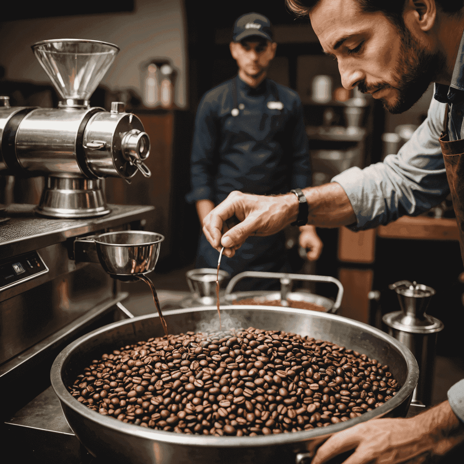 Close-up shot of coffee beans being roasted in a professional roaster, with a skilled barista carefully monitoring the process to ensure optimal flavor development.