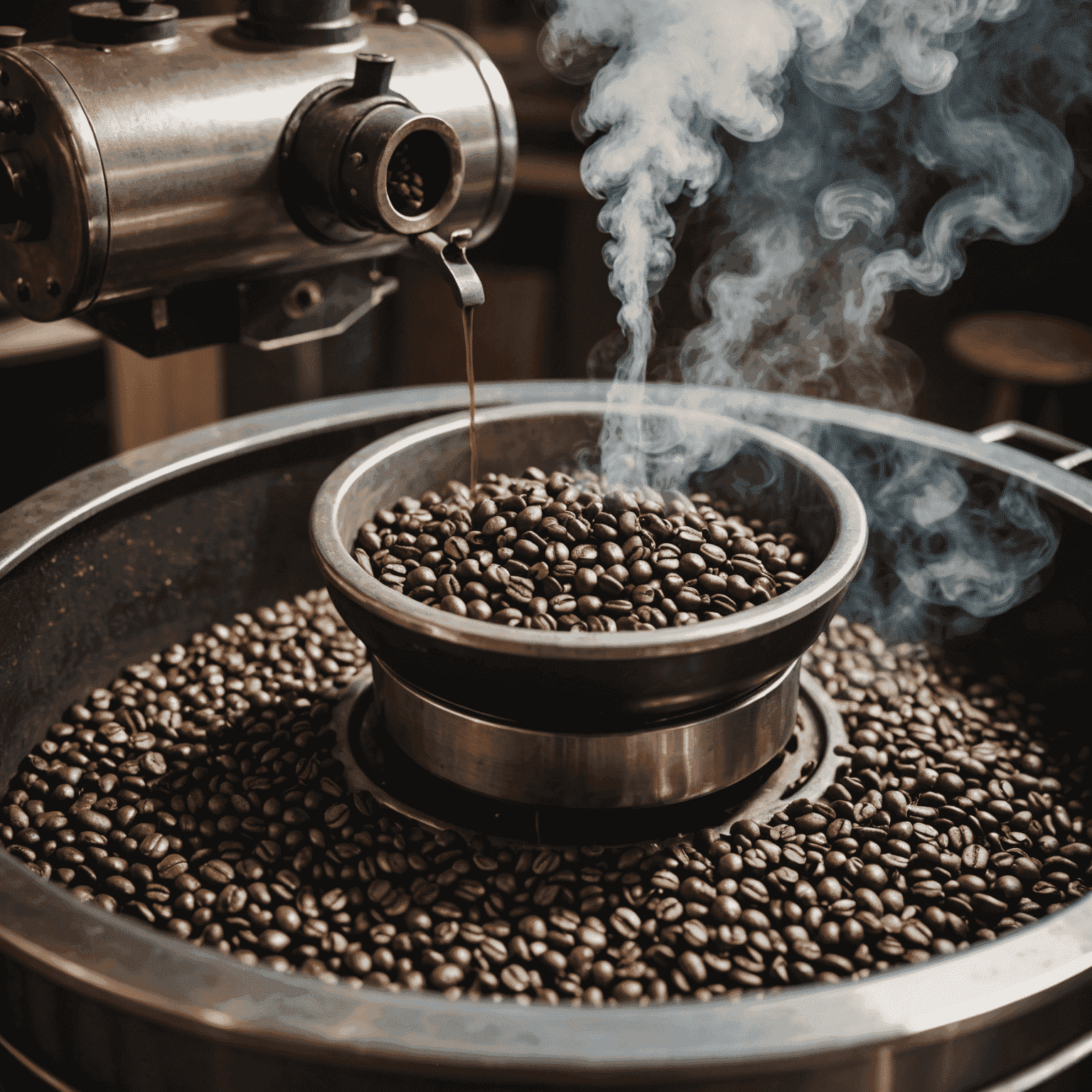 Close-up shot of coffee beans being roasted in a professional roaster, with steam rising and a rich brown color developing