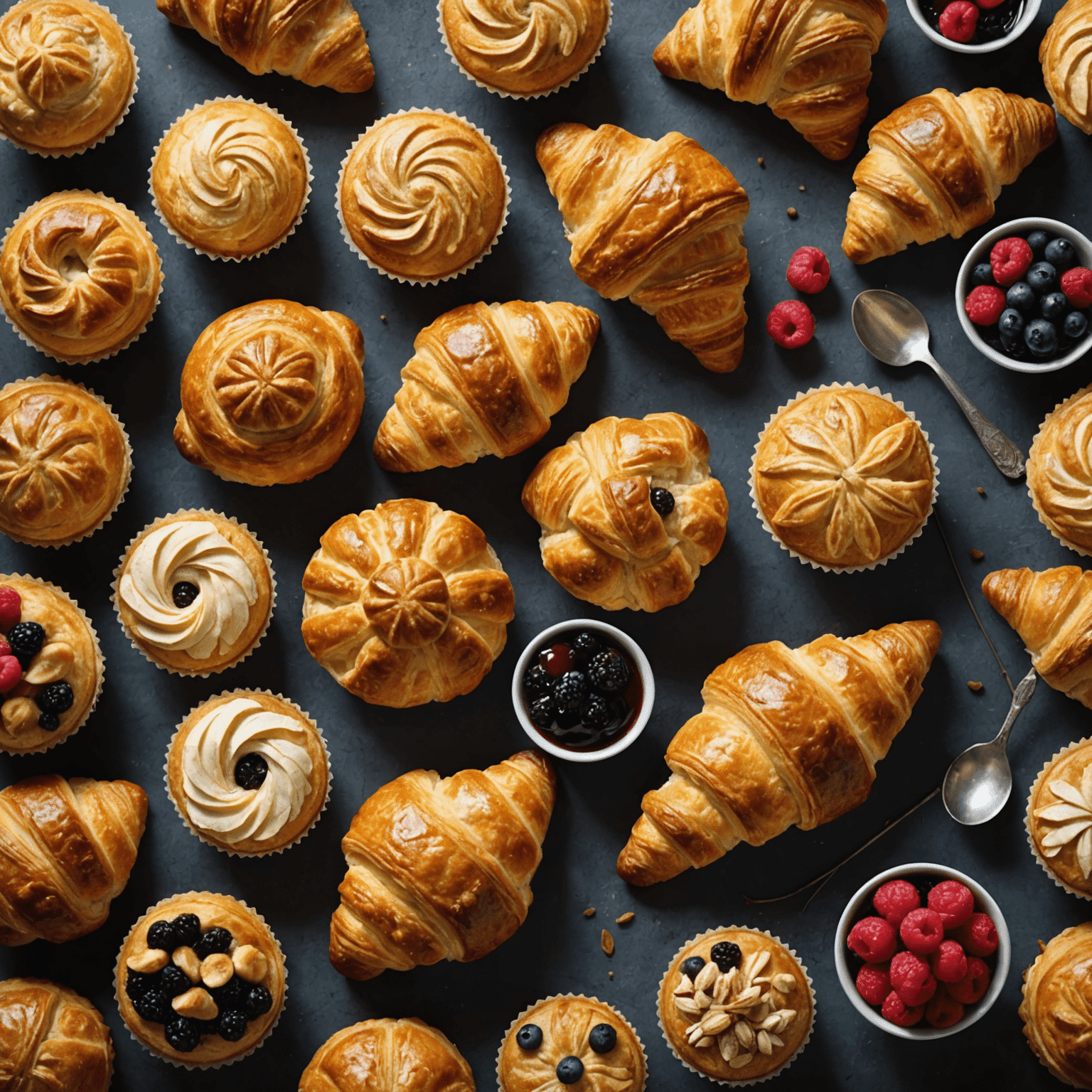 A selection of delicious seasonal pastries including flaky croissants, decadent muffins, and other baked treats, artfully arranged and photographed to showcase their golden crusts and tempting fillings