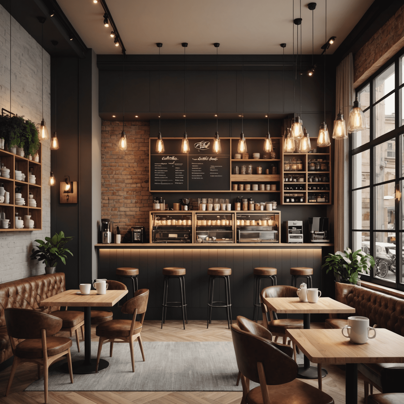 A cozy and stylish coffee shop interior with comfortable seating, warm lighting, and a relaxing atmosphere conducive to productivity and relaxation