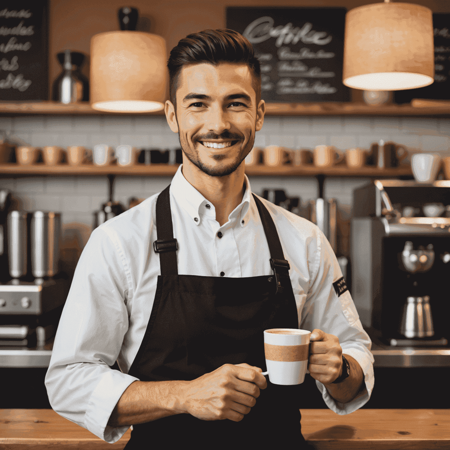 Portrait of a smiling barista in ResumeSamurai uniform, holding a cup of coffee