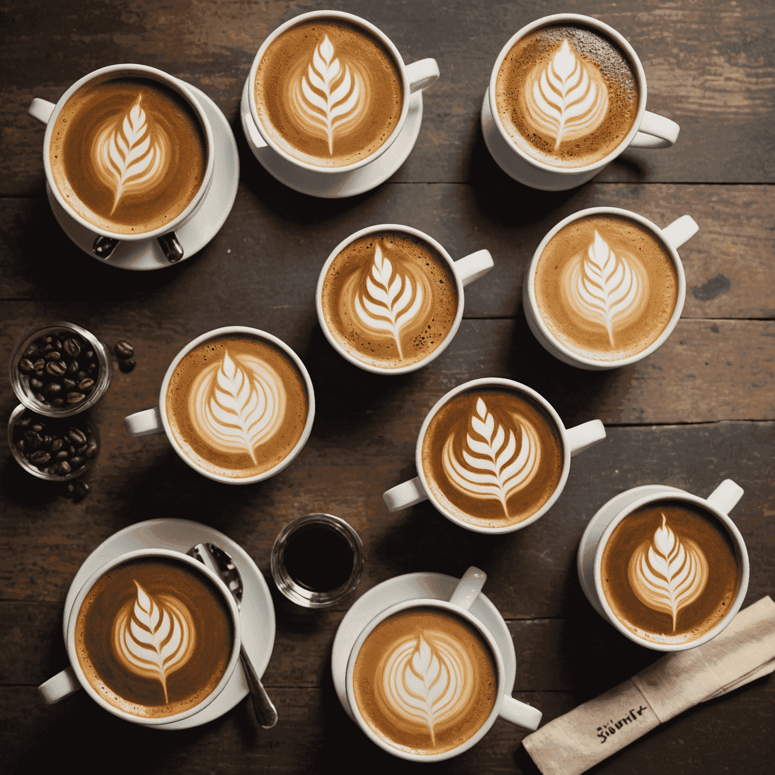 A selection of beautifully crafted ResumeSamurai coffee drinks, including lattes with latte art, pour-overs, and espresso shots