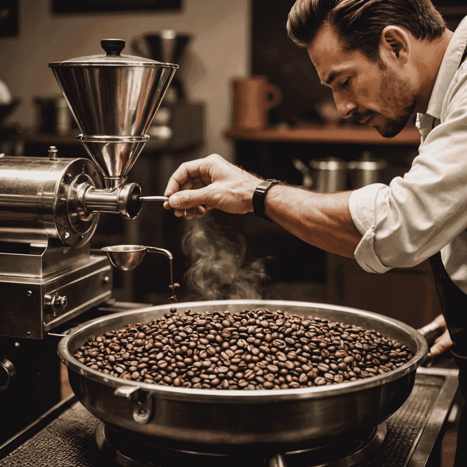 Close-up shot of coffee beans being roasted in a professional roaster, with a skilled barista carefully monitoring the process to ensure optimal flavor development.