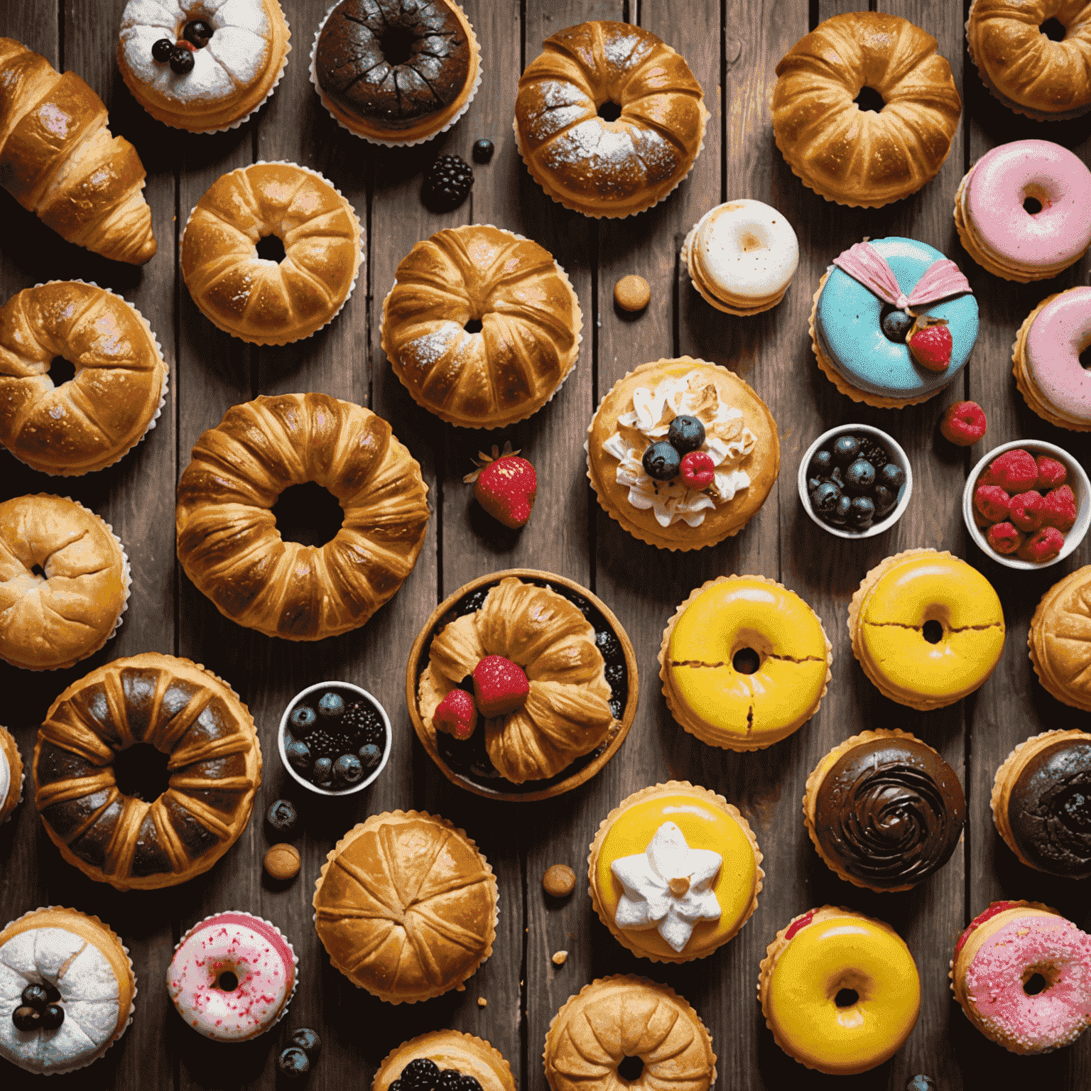 A tempting array of freshly baked pastries, including flaky croissants, colorful macarons, and decadent muffins, artfully arranged on a rustic wooden table.