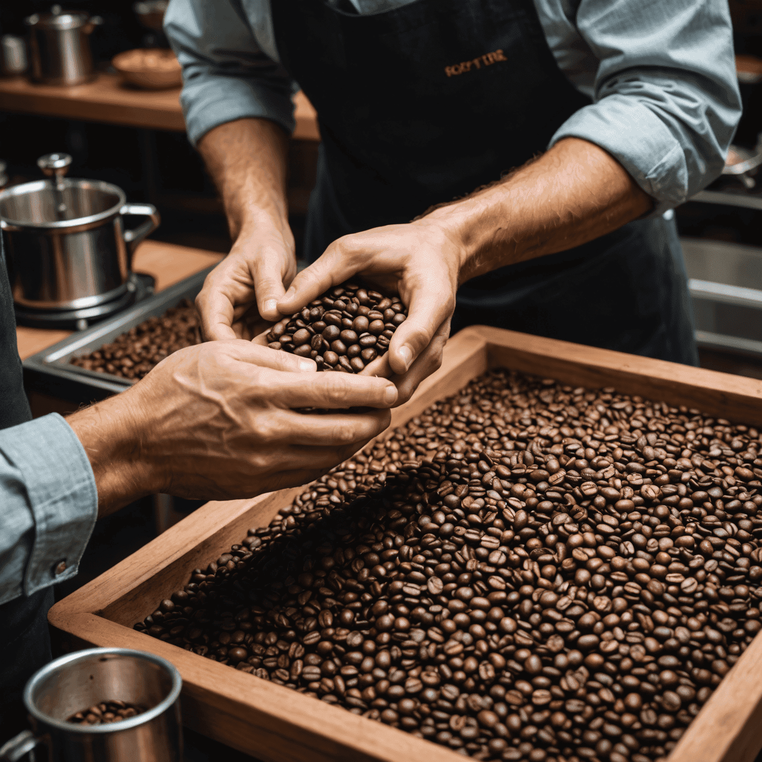 A roastmaster carefully inspecting a handful of freshly roasted coffee beans, checking for color consistency and aroma