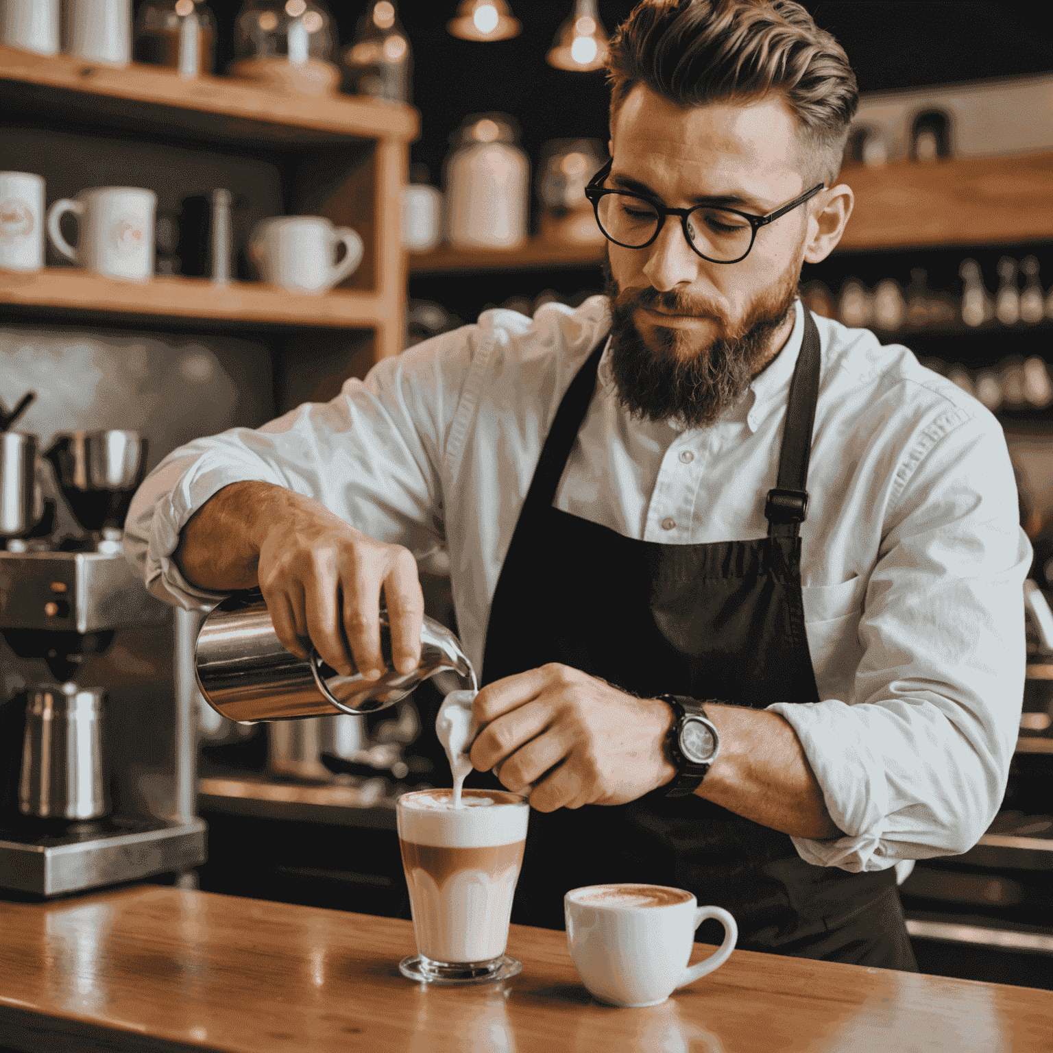 Portrait of a focused barista carefully pouring steamed milk into a latte