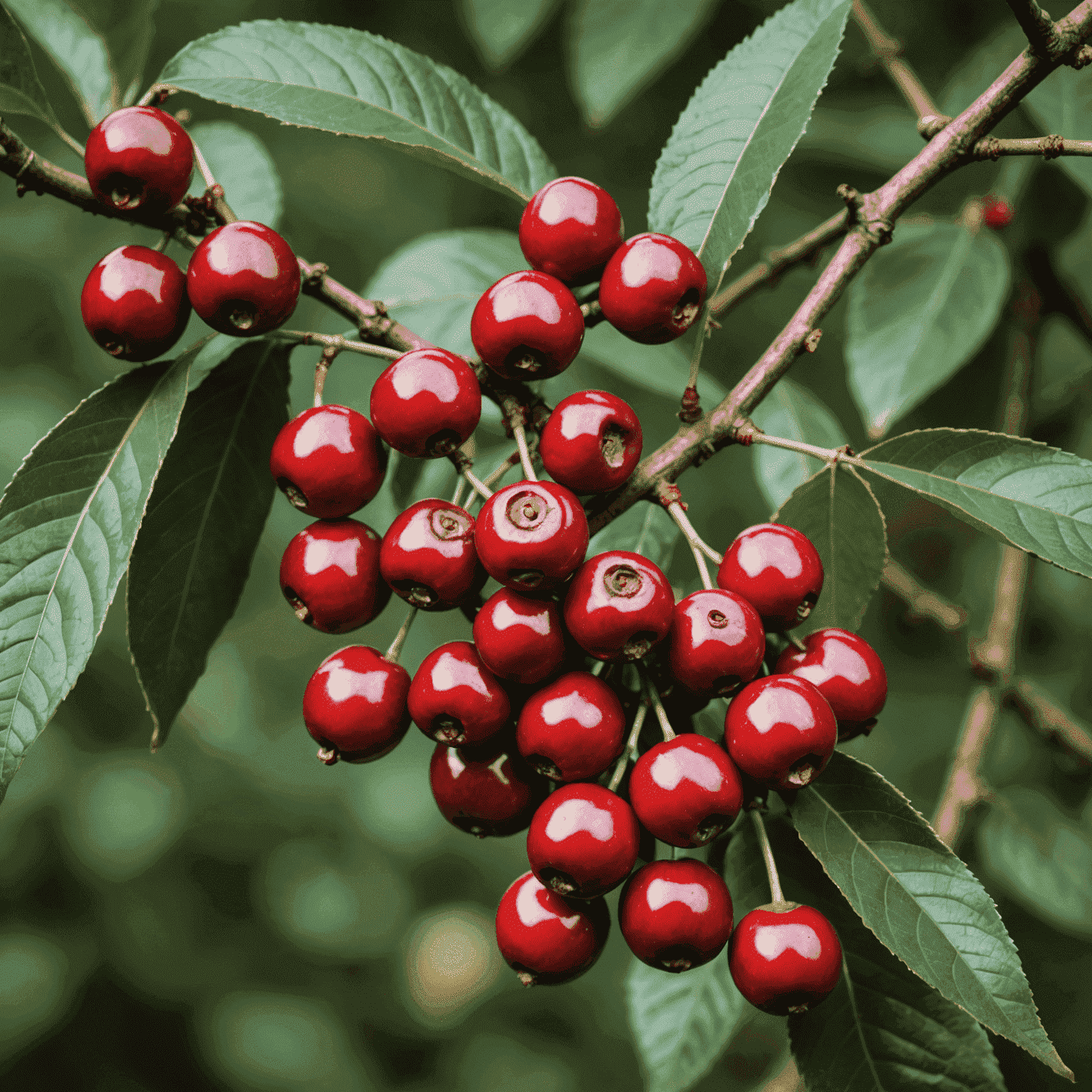 Close-up of ripe coffee cherries on a branch