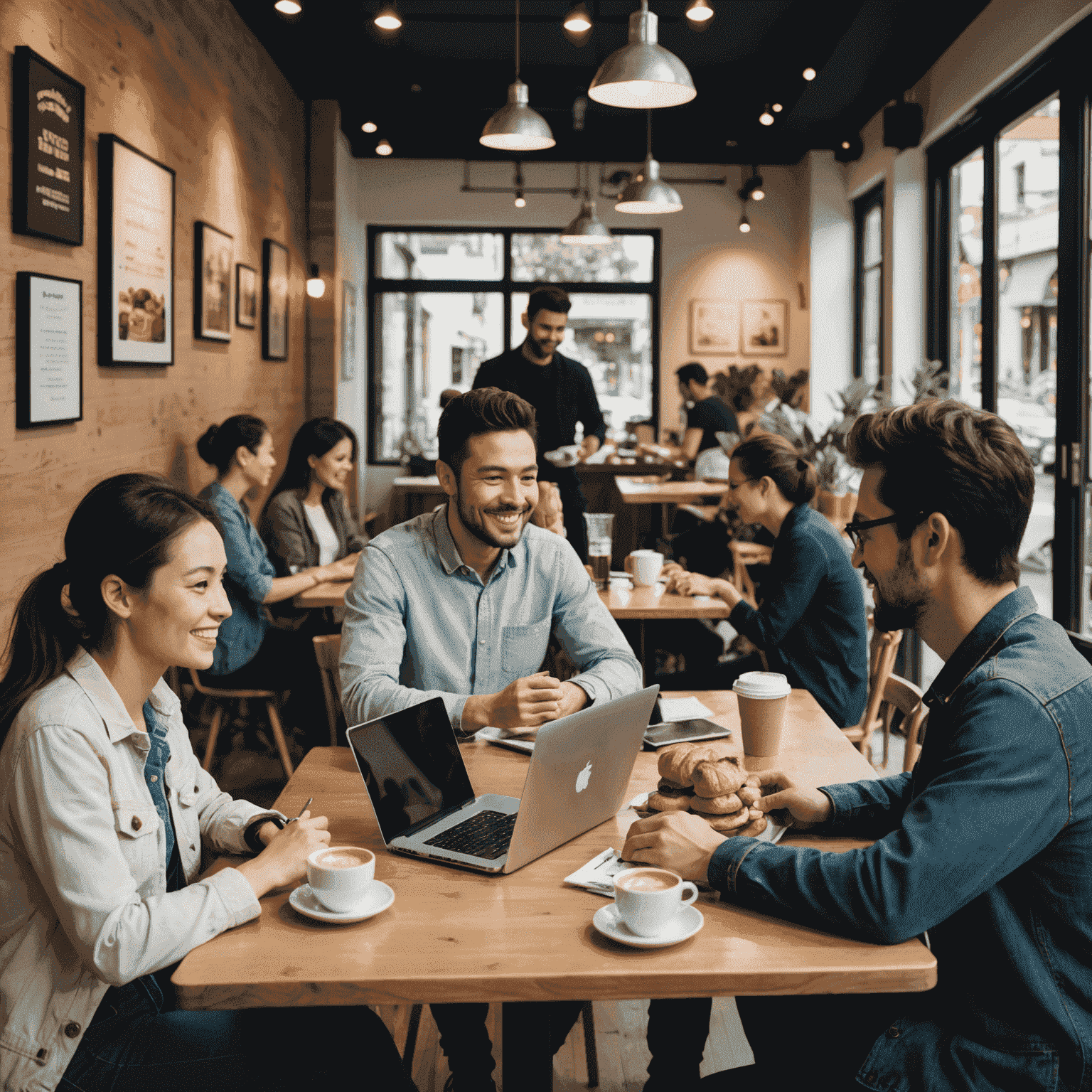 Happy customers enjoying their coffee and pastries at a ResumeSamurai coffee shop, with some working on laptops, others engaged in conversation, and a general sense of comfort and contentment