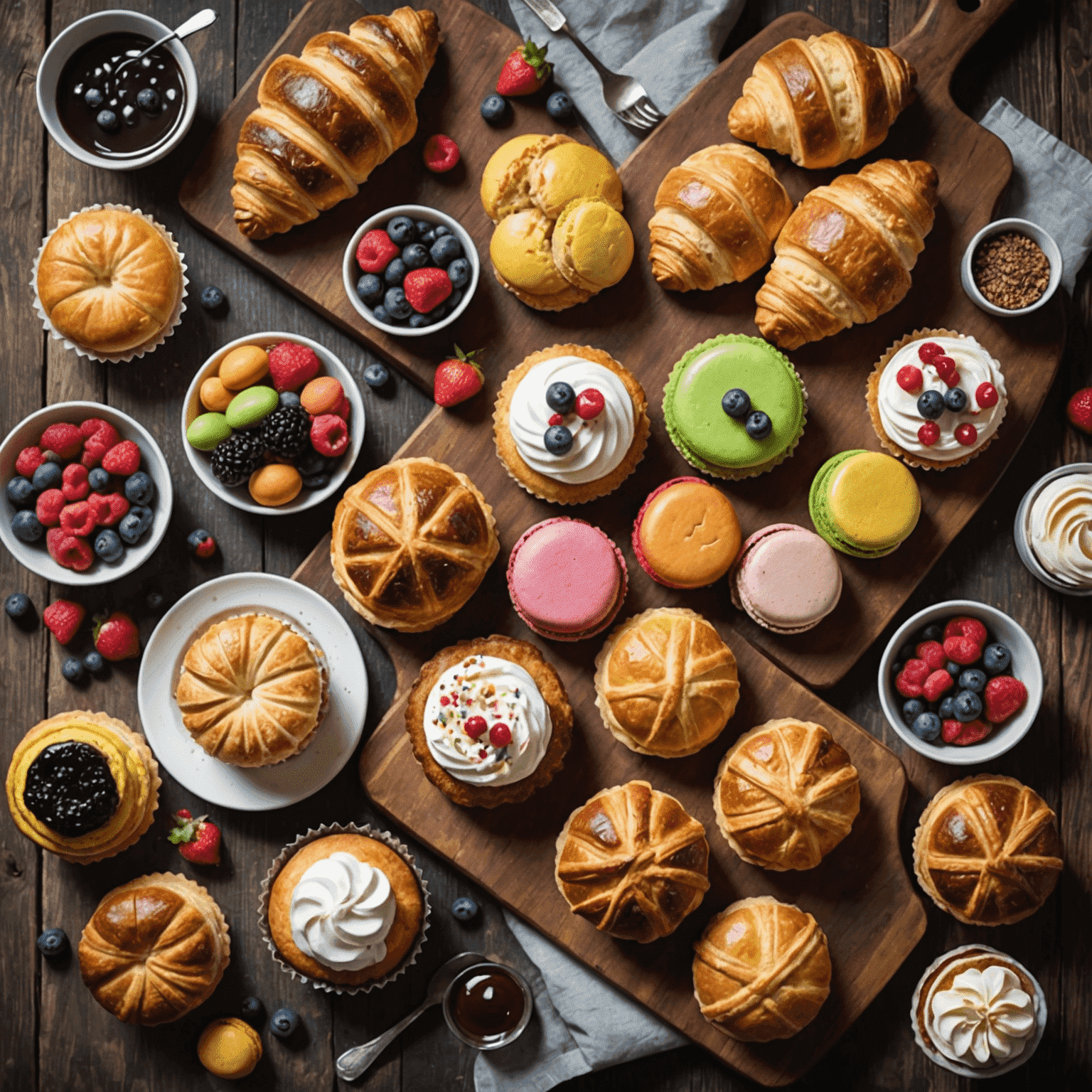 A tempting array of freshly baked pastries, including flaky croissants, colorful macarons, and decadent muffins, artfully arranged on a rustic wooden board.