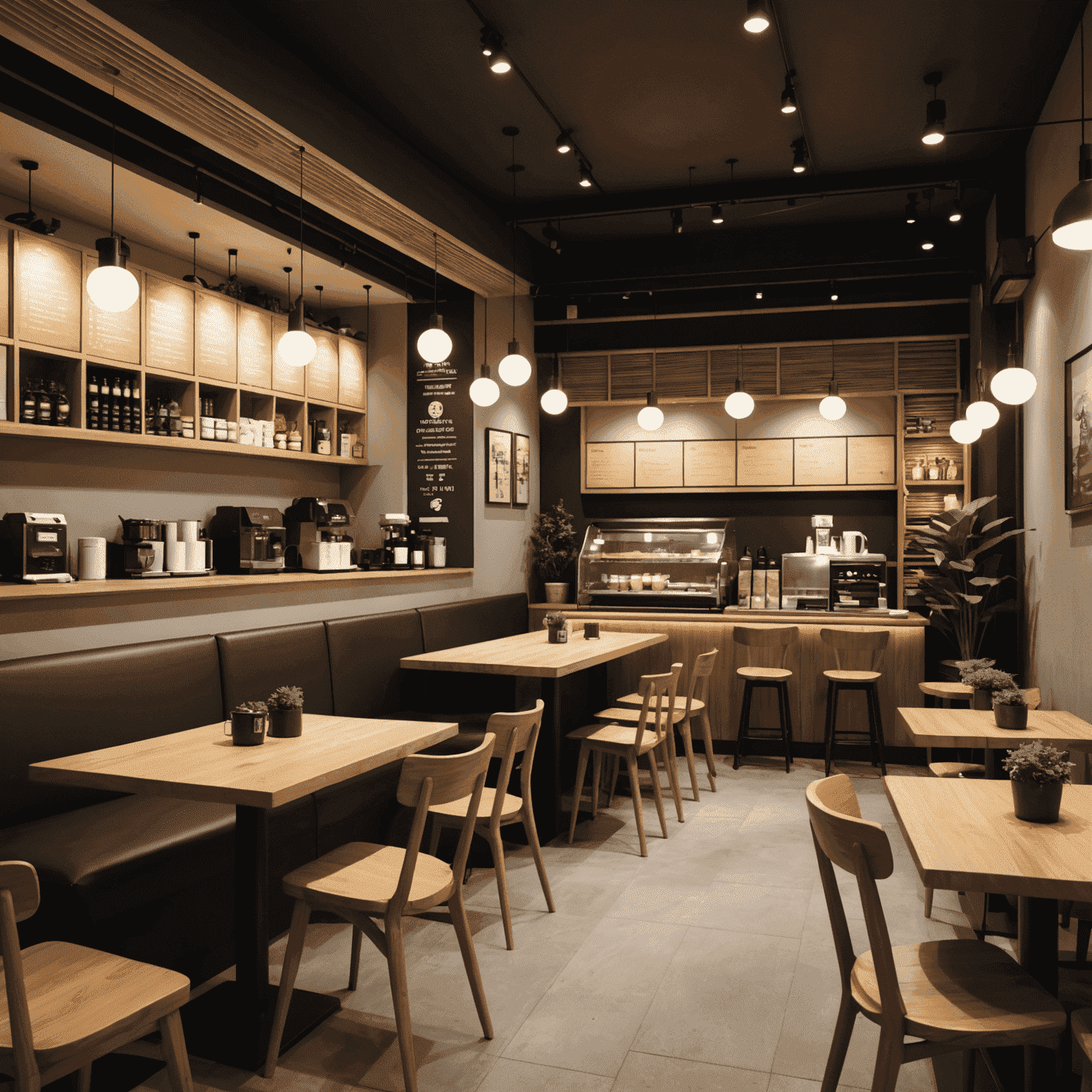 A cozy and inviting interior of a ResumeSamurai coffee shop, with comfortable seating, warm lighting, and stylish decor that creates an ideal environment for productivity and relaxation.