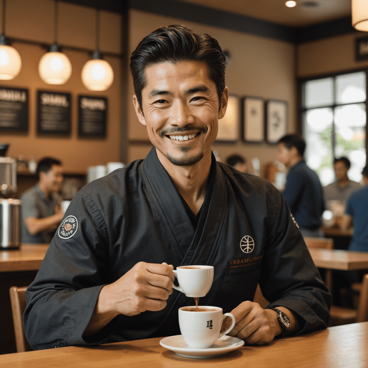 A satisfied customer savoring a cup of freshly brewed ResumeSamurai coffee, with a content smile on their face