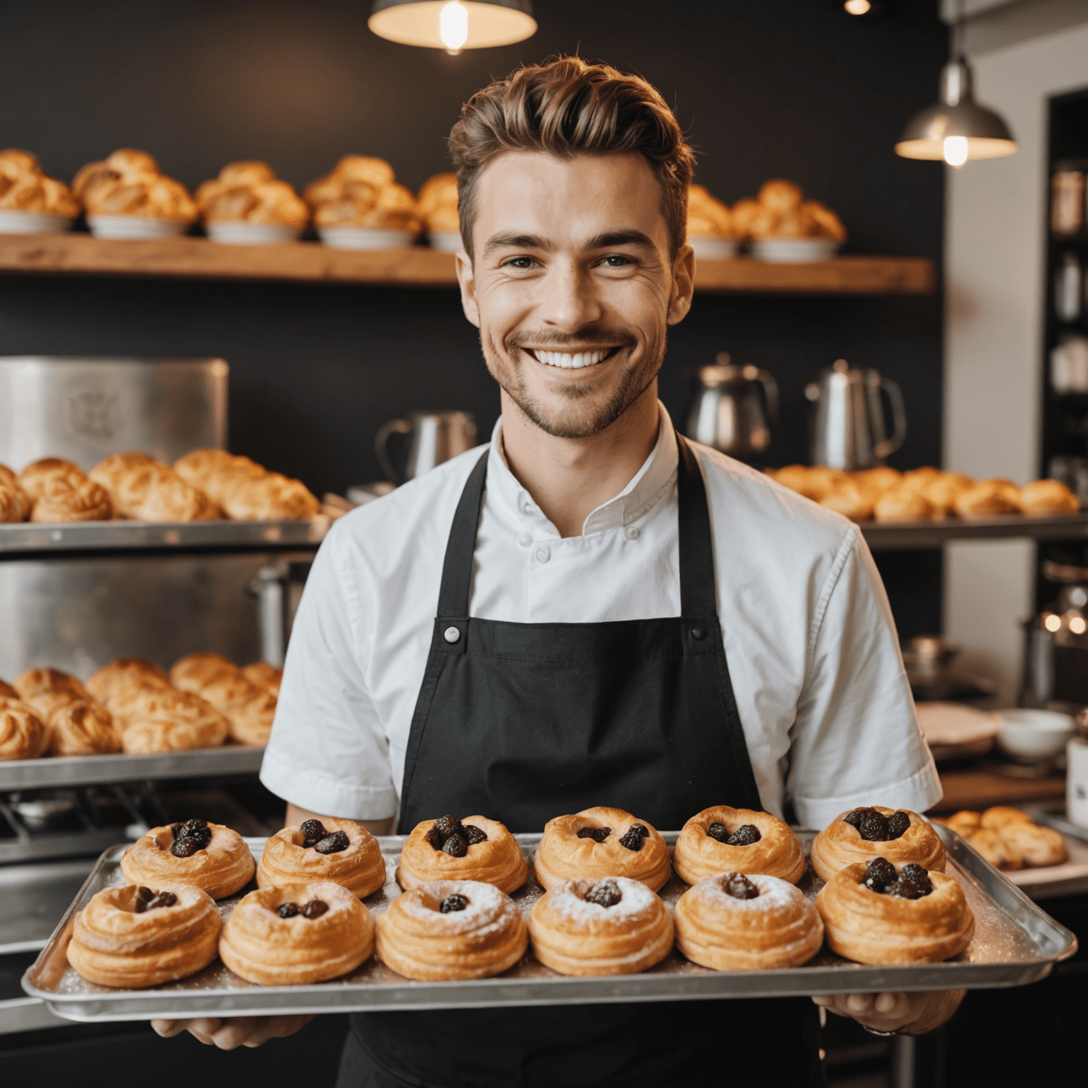 Portrait of a barista holding a tray of freshly baked pastries, smiling at the camera