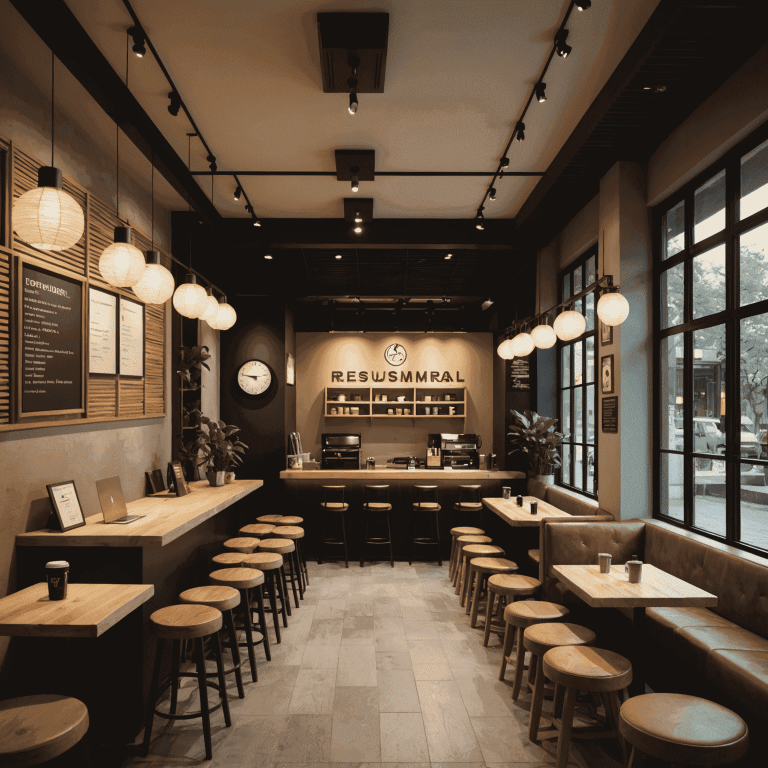 A cozy and inviting interior of a ResumeSamurai coffee shop, with comfortable seating, warm lighting, and stylish decor that creates the perfect ambiance for productivity and relaxation.