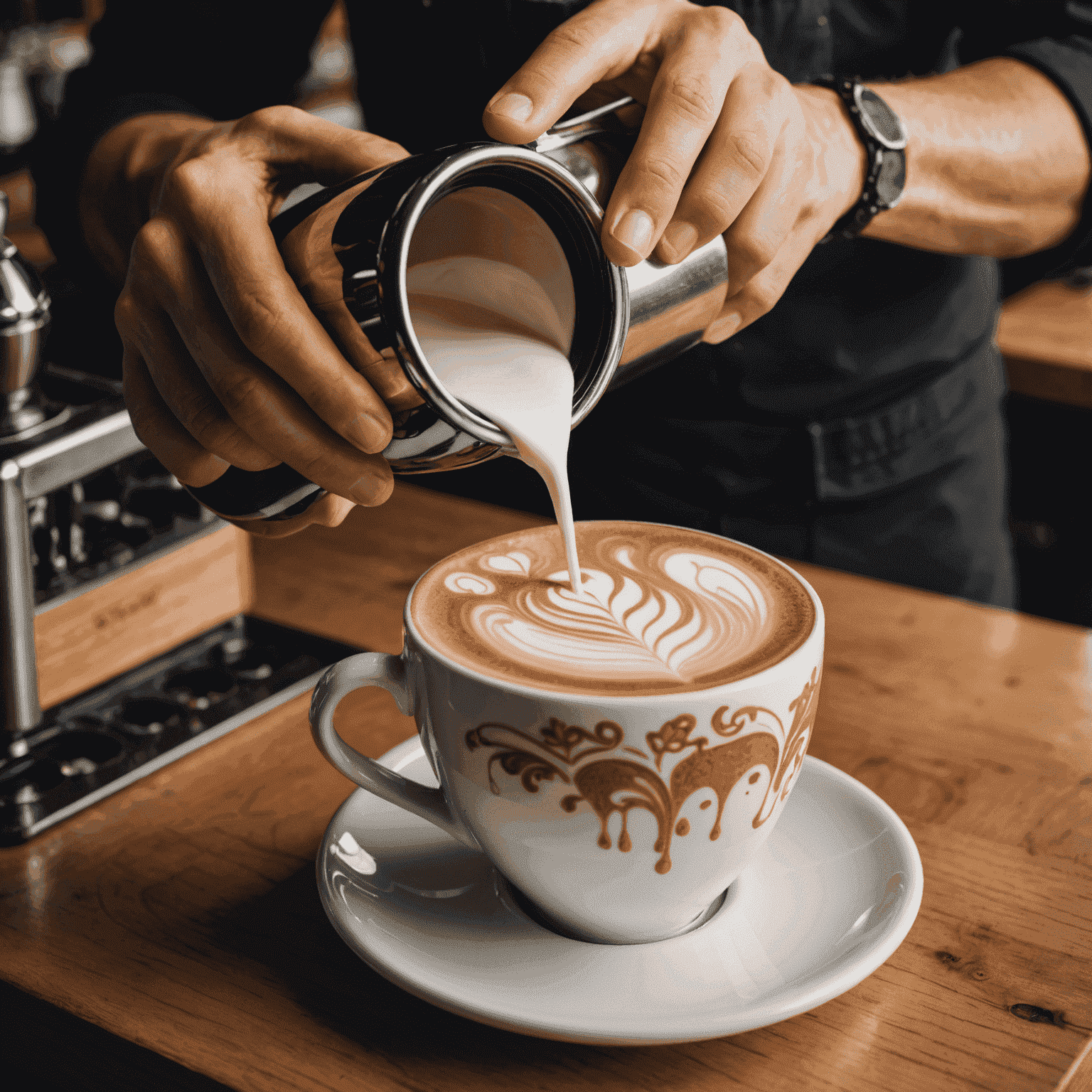 A barista carefully pouring steamed milk to create an intricate latte art design in a cup