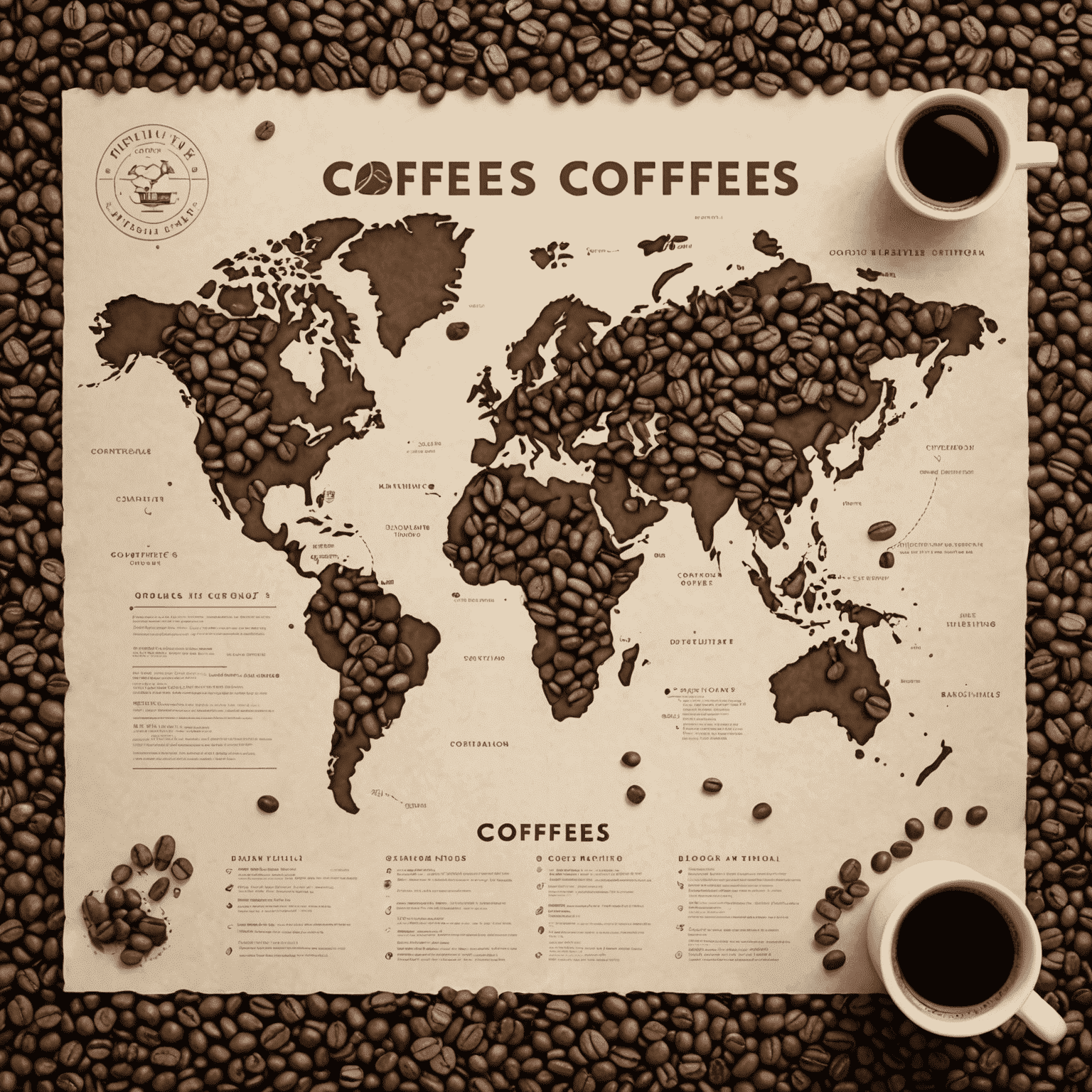 A world map with markers indicating the origins of various single-origin coffees, surrounded by coffee beans, cups, and tasting notes.